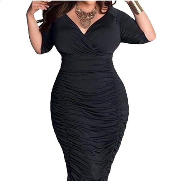 Womens Deep V Ruched Waisted Bodycon Dress - Picture 2 of 3